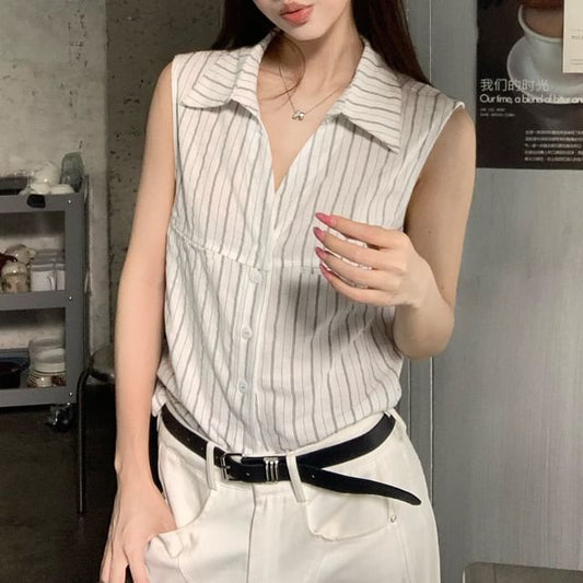 Collared Striped Button-Up Shirt, Sleeveless