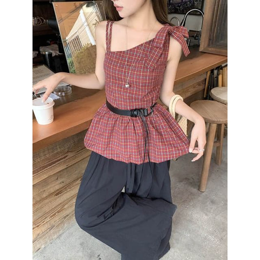 Plaid Bow Peplum Blouse with Faux Leather Belt