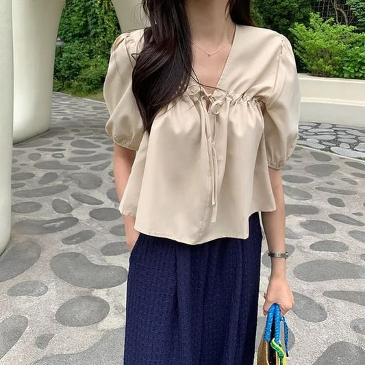 Plain V-Neck Short-Sleeve Blouse