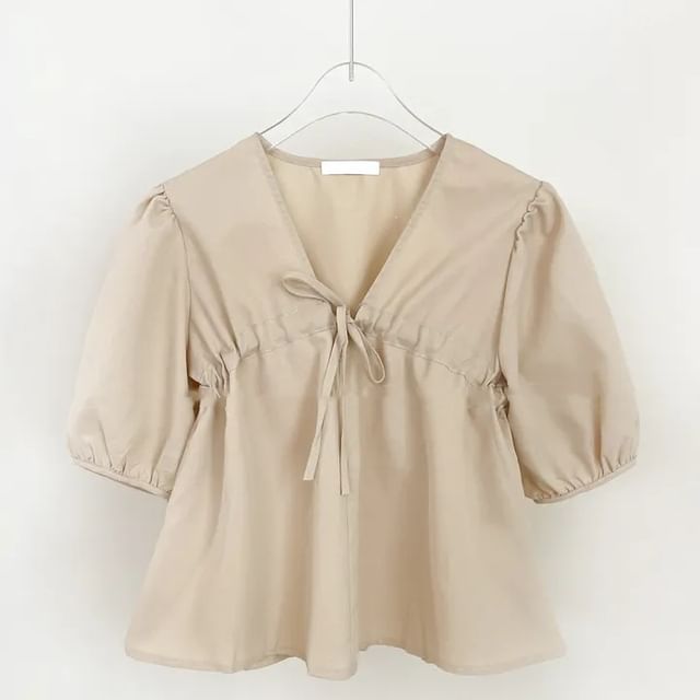 Plain V-Neck Short-Sleeve Blouse