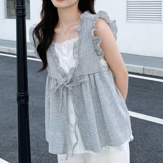 Ruffle Mock Two-Piece Sleeveless Blouse
