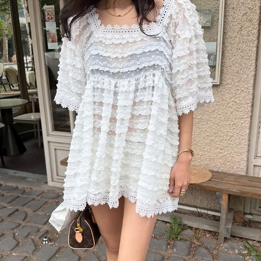 Dotted Lace Trim Ruffle Square Neck Blouse