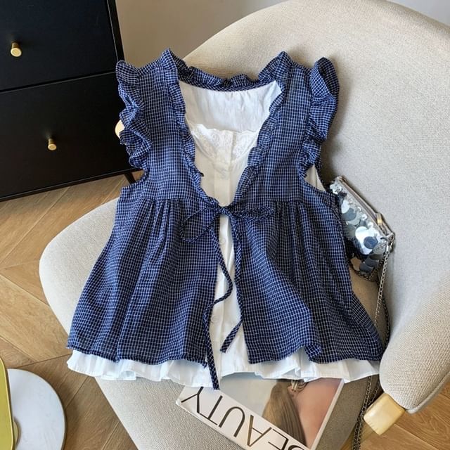 Ruffle Mock Two-Piece Sleeveless Blouse