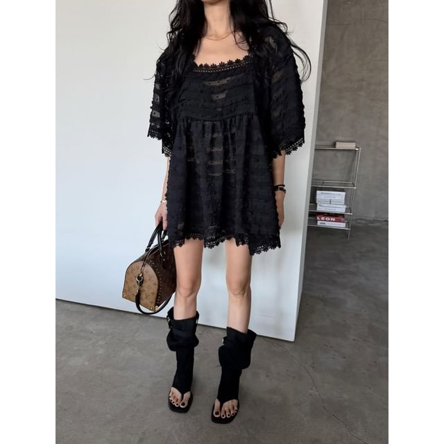 Dotted Lace Trim Ruffle Square Neck Blouse