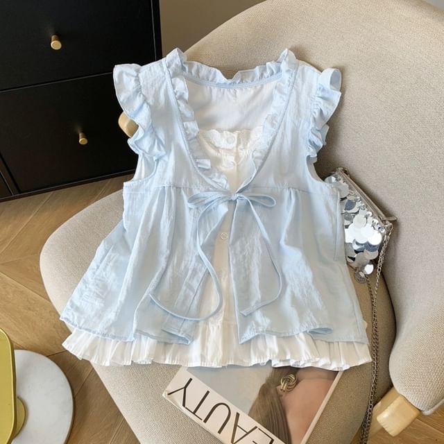 Ruffle Mock Two-Piece Sleeveless Blouse