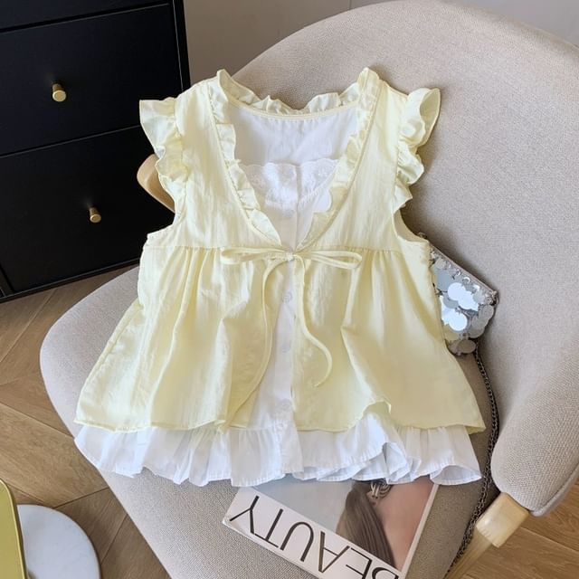 Ruffle Mock Two-Piece Sleeveless Blouse
