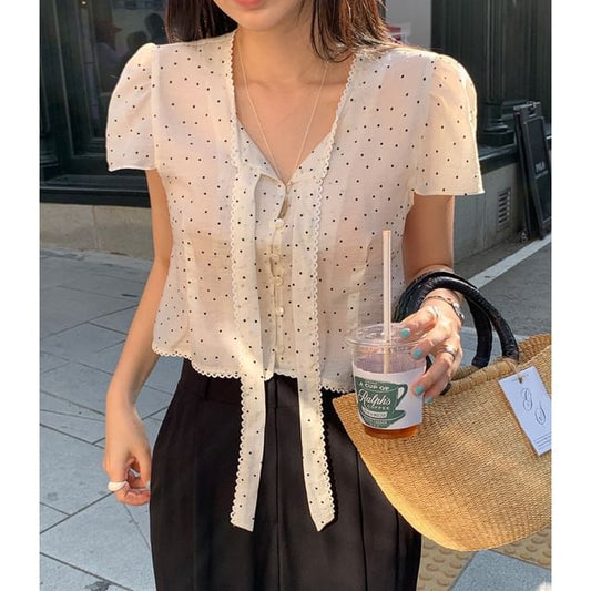 Polka Dot Tie-Neck Short-Sleeve Blouse