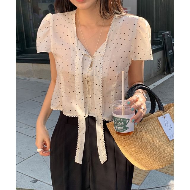 Polka Dot Tie-Neck Short-Sleeve Blouse