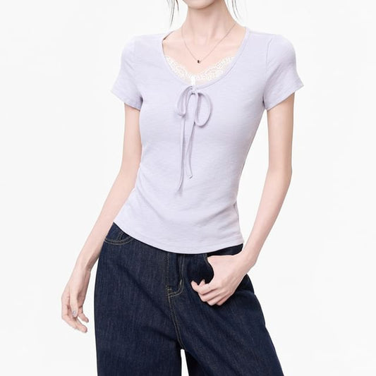 Lace Trim V-Neck Short-Sleeve Top