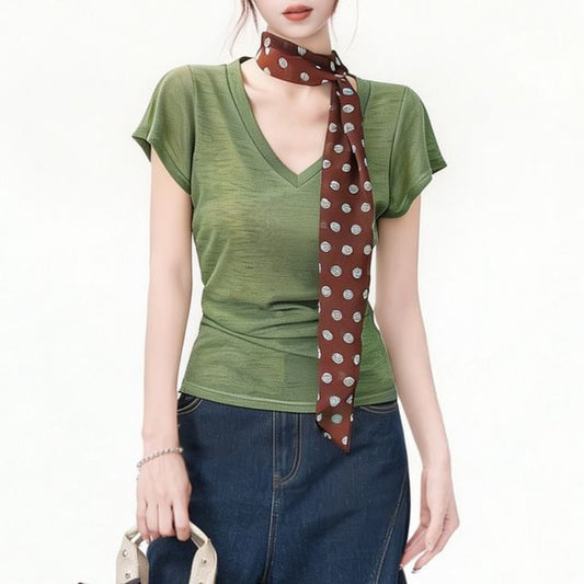 V-Neck Plain Top with Dotted Twilly Set