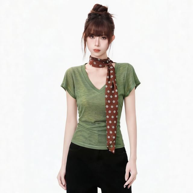 V-Neck Plain Top with Dotted Twilly Set