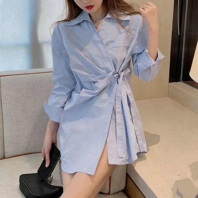 Asymmetric Button-Front Long-Sleeved Blouse with Collar