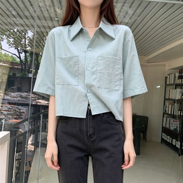 Plain Button-Up Elbow-Sleeve Crop Shirt