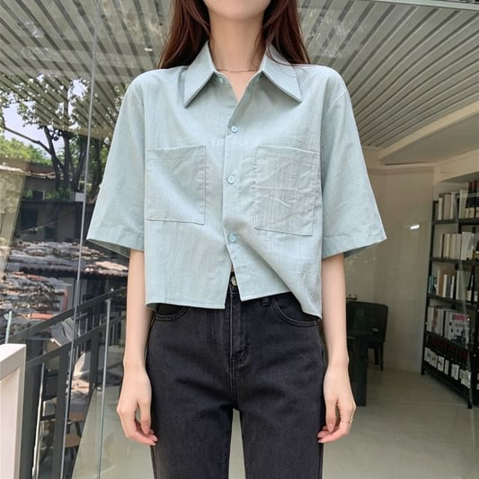 Plain Button-Up Elbow-Sleeve Crop Shirt