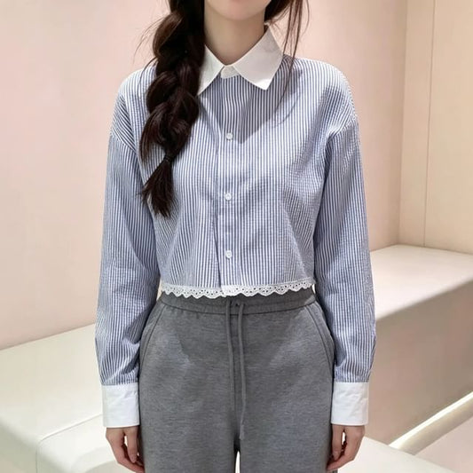 Striped Lace Trim Button-Up Crop Shirt