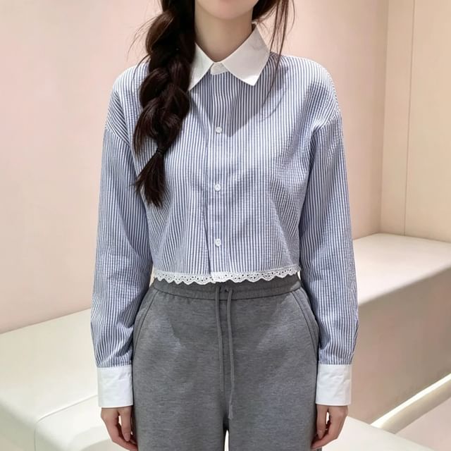 Striped Lace Trim Button-Up Crop Shirt