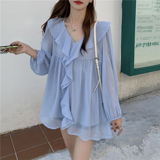 Ruffle Trim V-Neck Blouse with Camisole Set