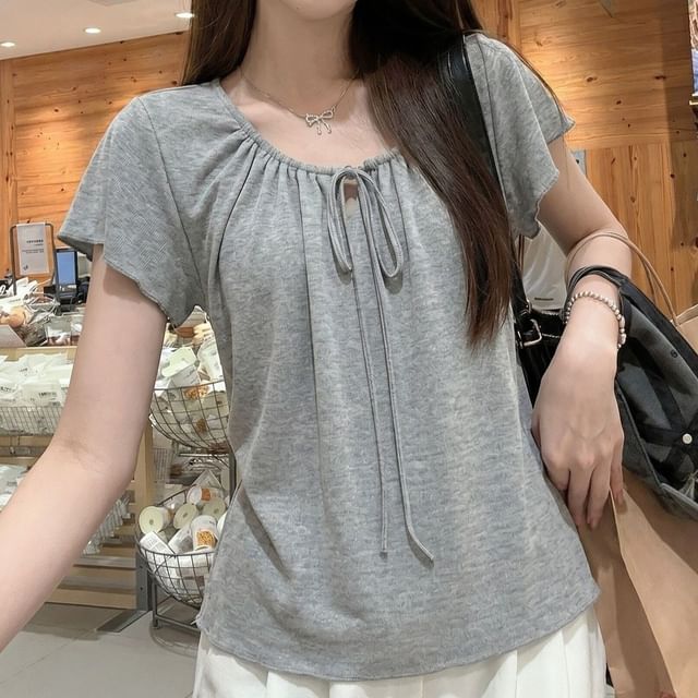 Tie Neck Plain Short Sleeve Top