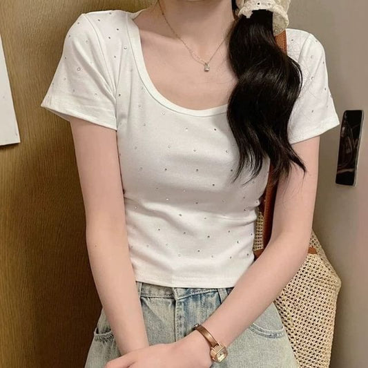 Rhinestone Scoop Neck Short Sleeve Tee
