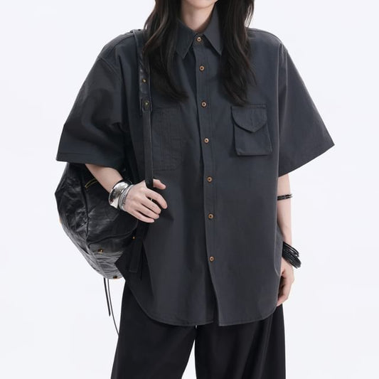 Plain Button-Up Oversized Collared Shirt