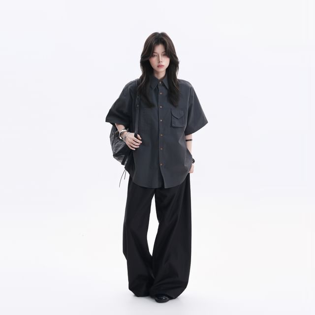 Plain Button-Up Oversized Collared Shirt
