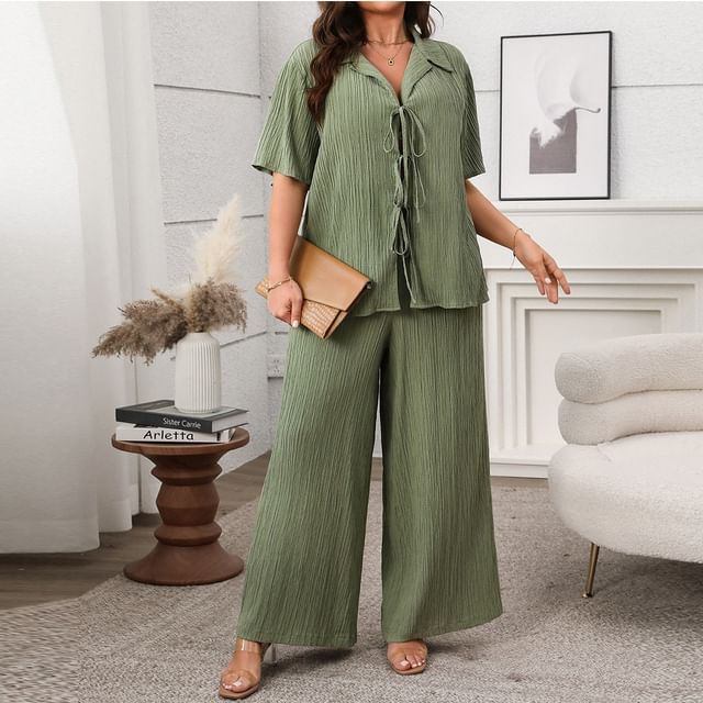 Plus Size Set: V-Neck Blouse and Wide Leg Pants, Short Sleeves