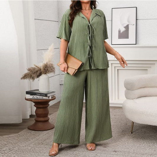 Plus Size Set: V-Neck Blouse and Wide Leg Pants, Short Sleeves