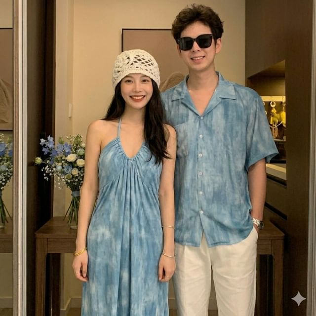 Couple Tie-Dye Button-Up & Sundress & Cape & Tee & Shorts Set
