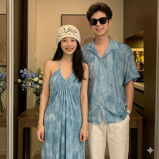 Couple Tie-Dye Button-Up & Sundress & Cape & Tee & Shorts Set