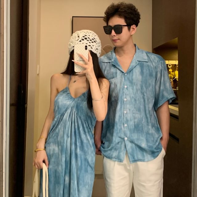 Couple Tie-Dye Button-Up & Sundress & Cape & Tee & Shorts Set