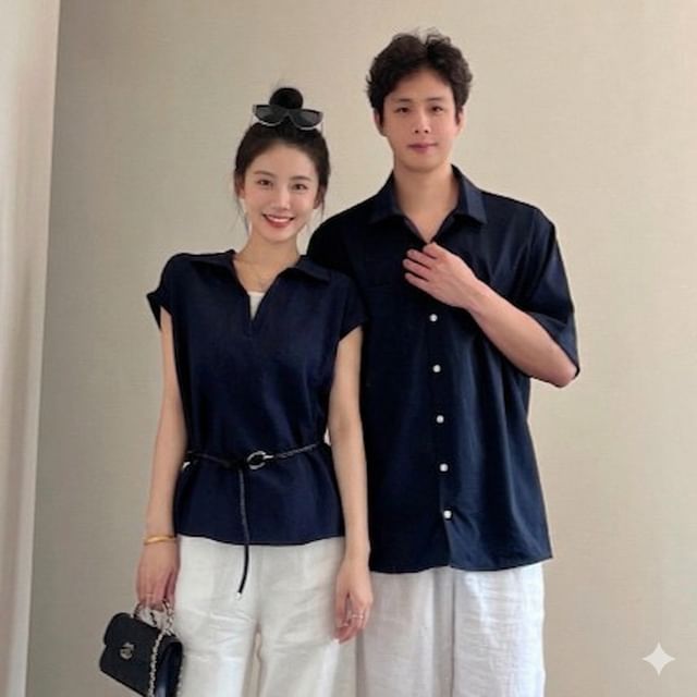 Plain Button-Up Shirt & Cap-Sleeve Top with Belt Set
