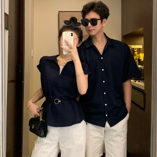 Plain Button-Up Shirt & Cap-Sleeve Top with Belt Set
