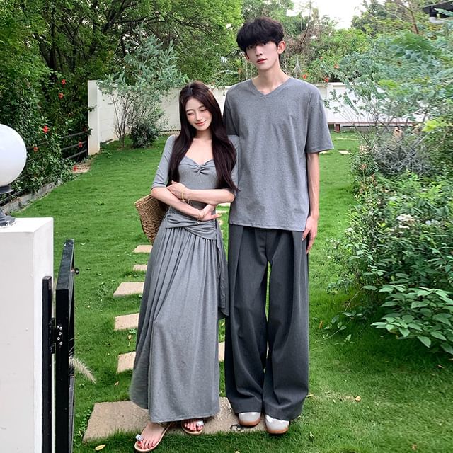 Couple V-Neck Tee & Shirred A-Line Dress Set