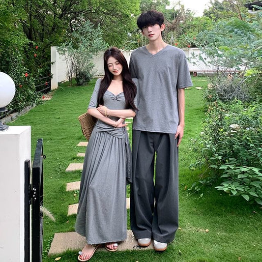Couple V-Neck Tee & Shirred A-Line Dress Set