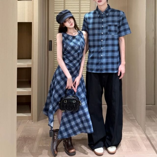 Couple Plaid Button-Up & Asymmetrical Dress Set