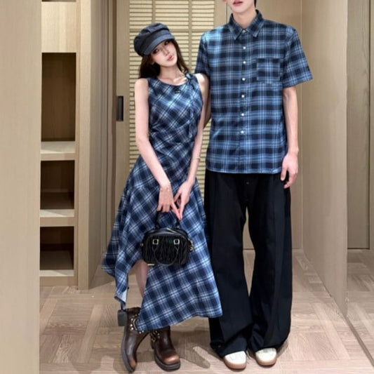 Couple Plaid Button-Up & Asymmetrical Dress Set