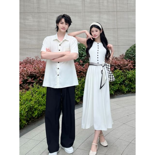 Couple Plain Button-Up & A-Line Dress & Scarf Set