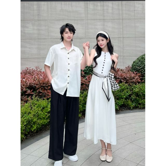 Couple Plain Button-Up & A-Line Dress & Scarf Set