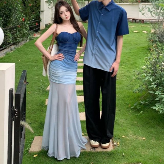 Couple Ombre Button-Up & Mermaid Dress & Cardigan Set