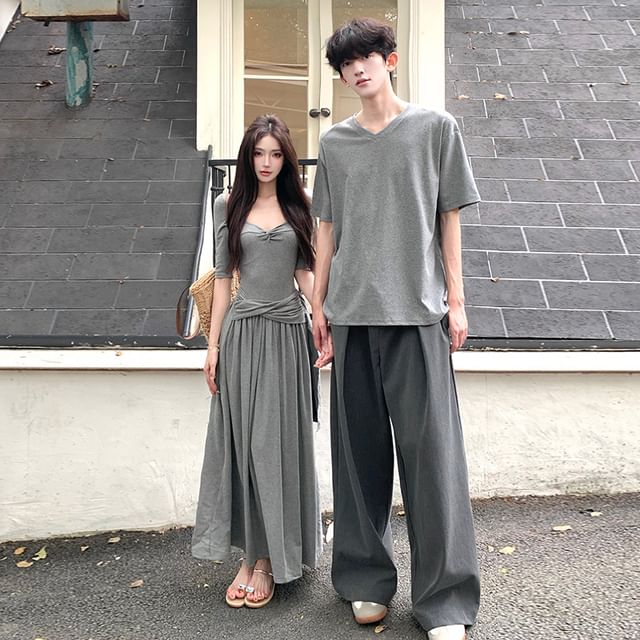 Couple V-Neck Tee & Shirred A-Line Dress Set