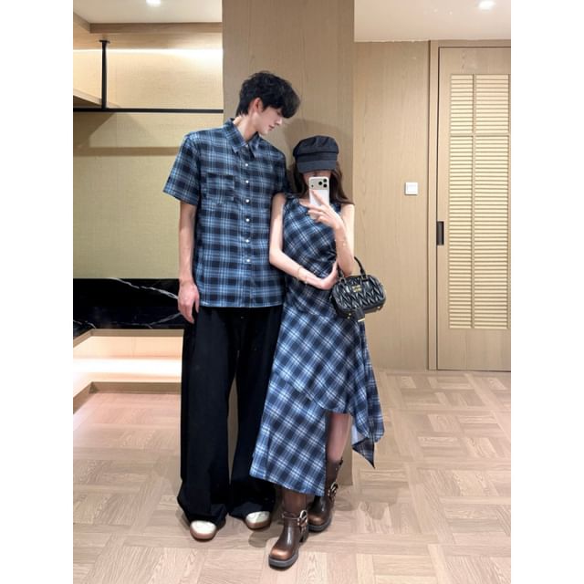 Couple Plaid Button-Up & Asymmetrical Dress Set