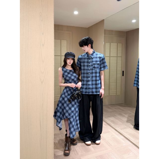 Couple Plaid Button-Up & Asymmetrical Dress Set