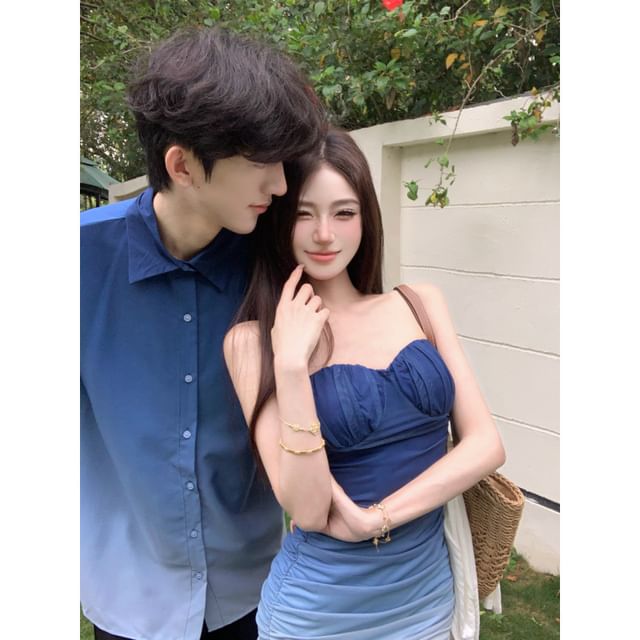 Couple Ombre Button-Up & Mermaid Dress & Cardigan Set