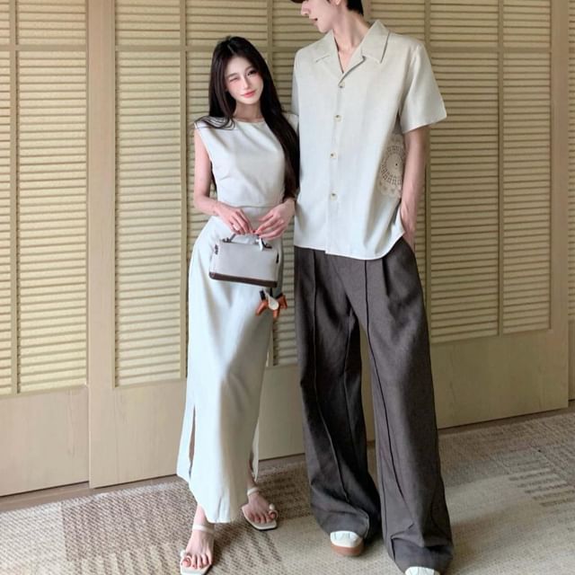 Plain Button-Up Shirt & Sleeveless A-Line Midi Dress