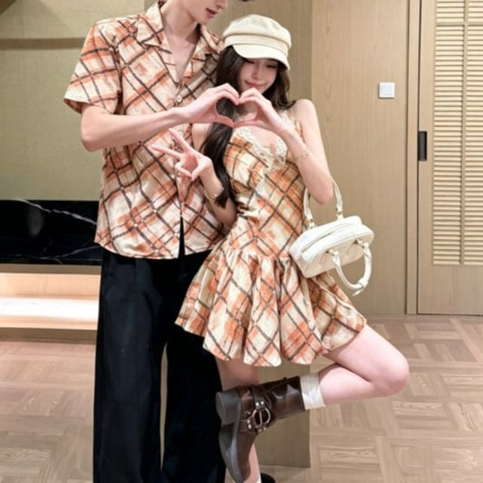 Couple Argyle Button-Up & Spaghetti Strap Dress Set