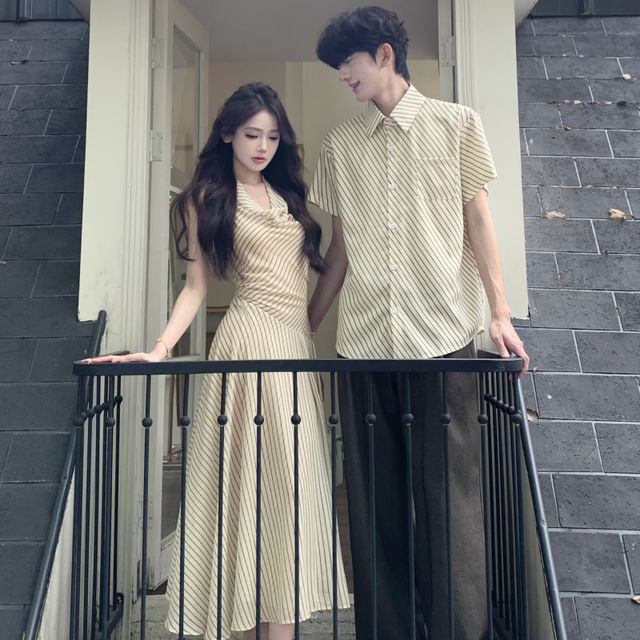 Matching Striped Casual Shirt & Halter A-Line Midi Dress