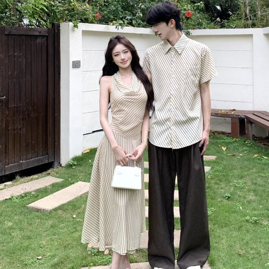 Matching Striped Casual Shirt & Halter A-Line Midi Dress