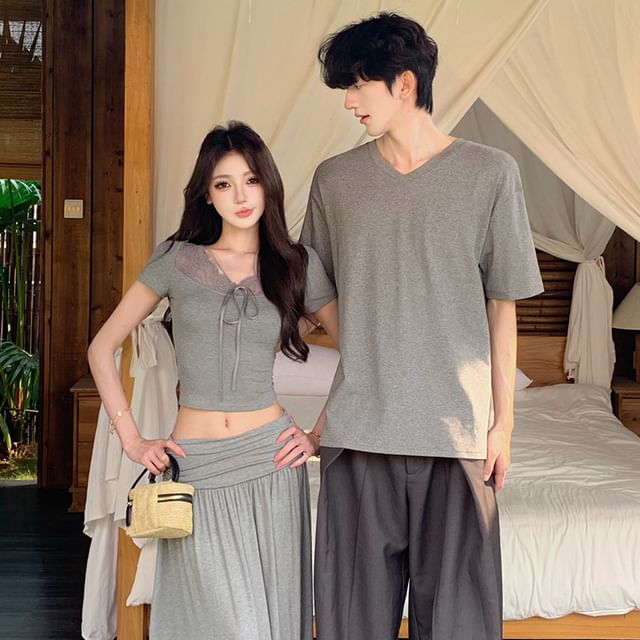 V-Neck T-Shirt & Lace Crop Top with A-Line Midi Skirt Set
