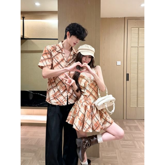 Couple Argyle Button-Up & Spaghetti Strap Dress Set