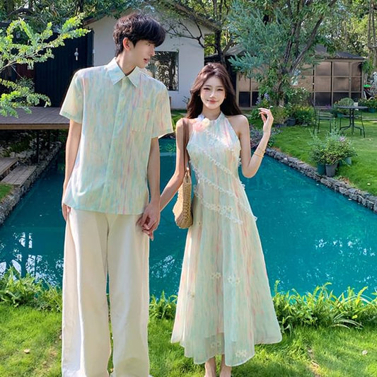 Tie-Dye Button-Up Shirt & Lace Halter A-Line Midi Dress